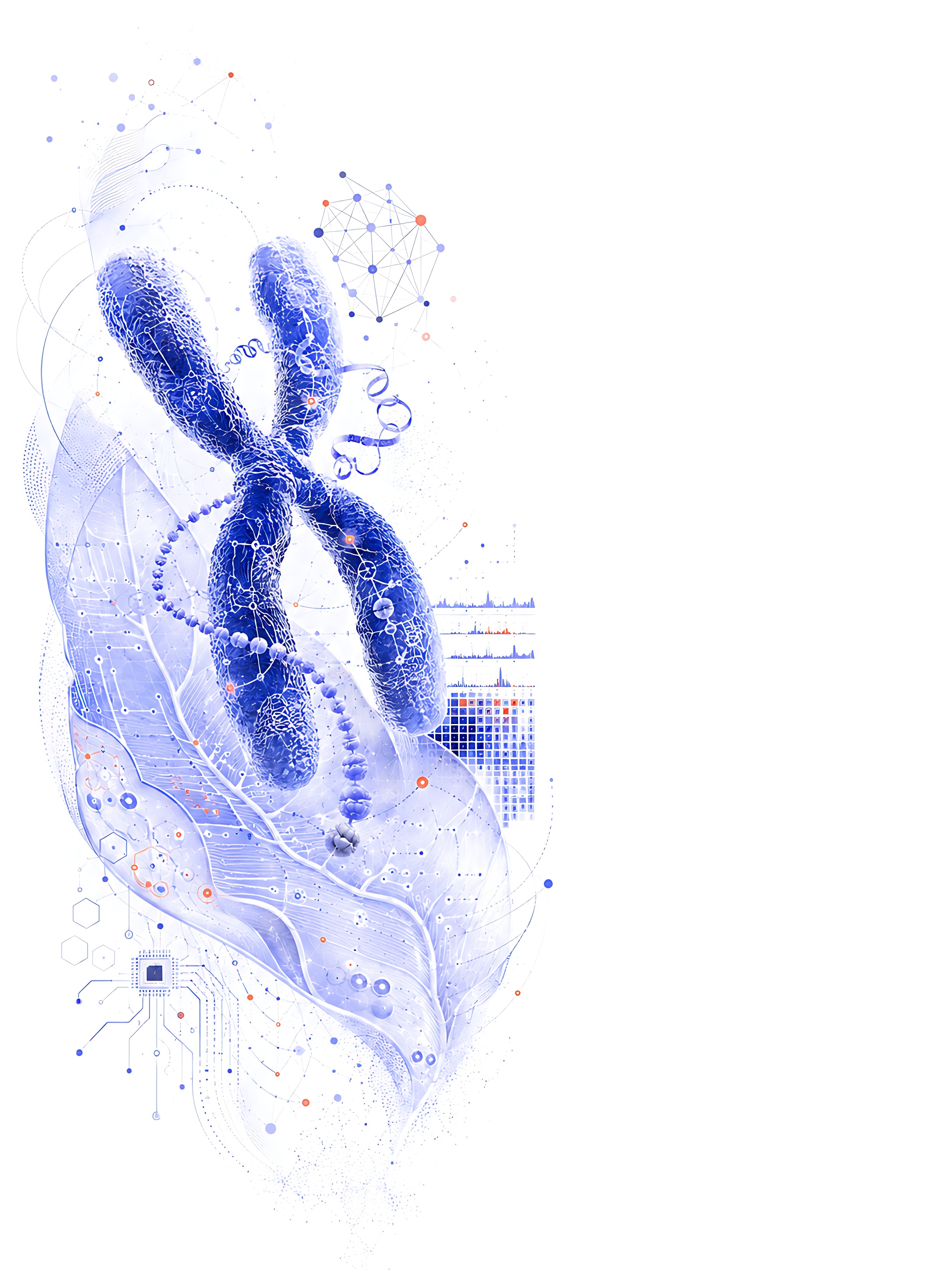 Collage of a chromosome, regulatory tracks and a circuit board