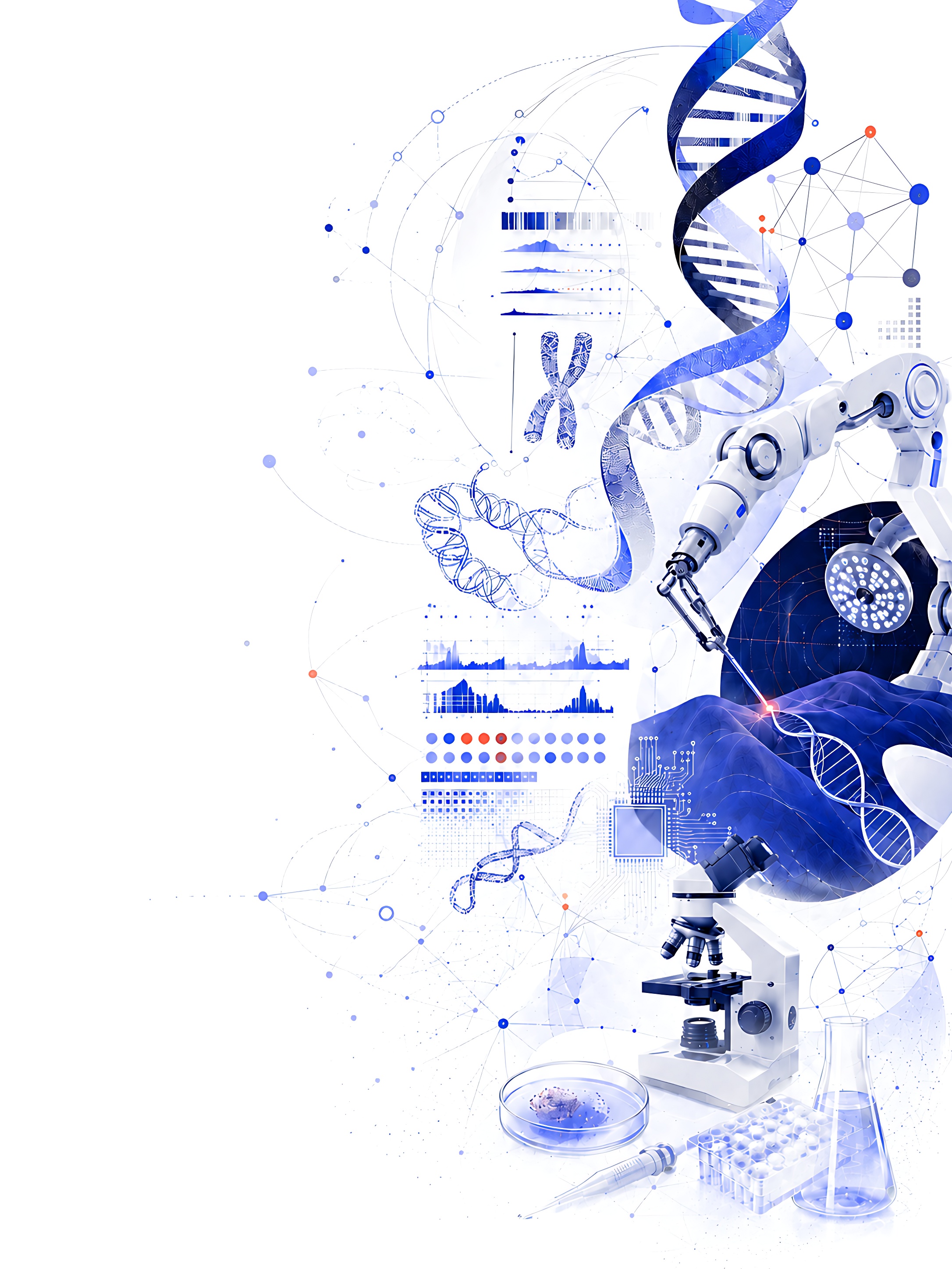 Collage of a chromosome, microscope, robotic arm and lab glassware