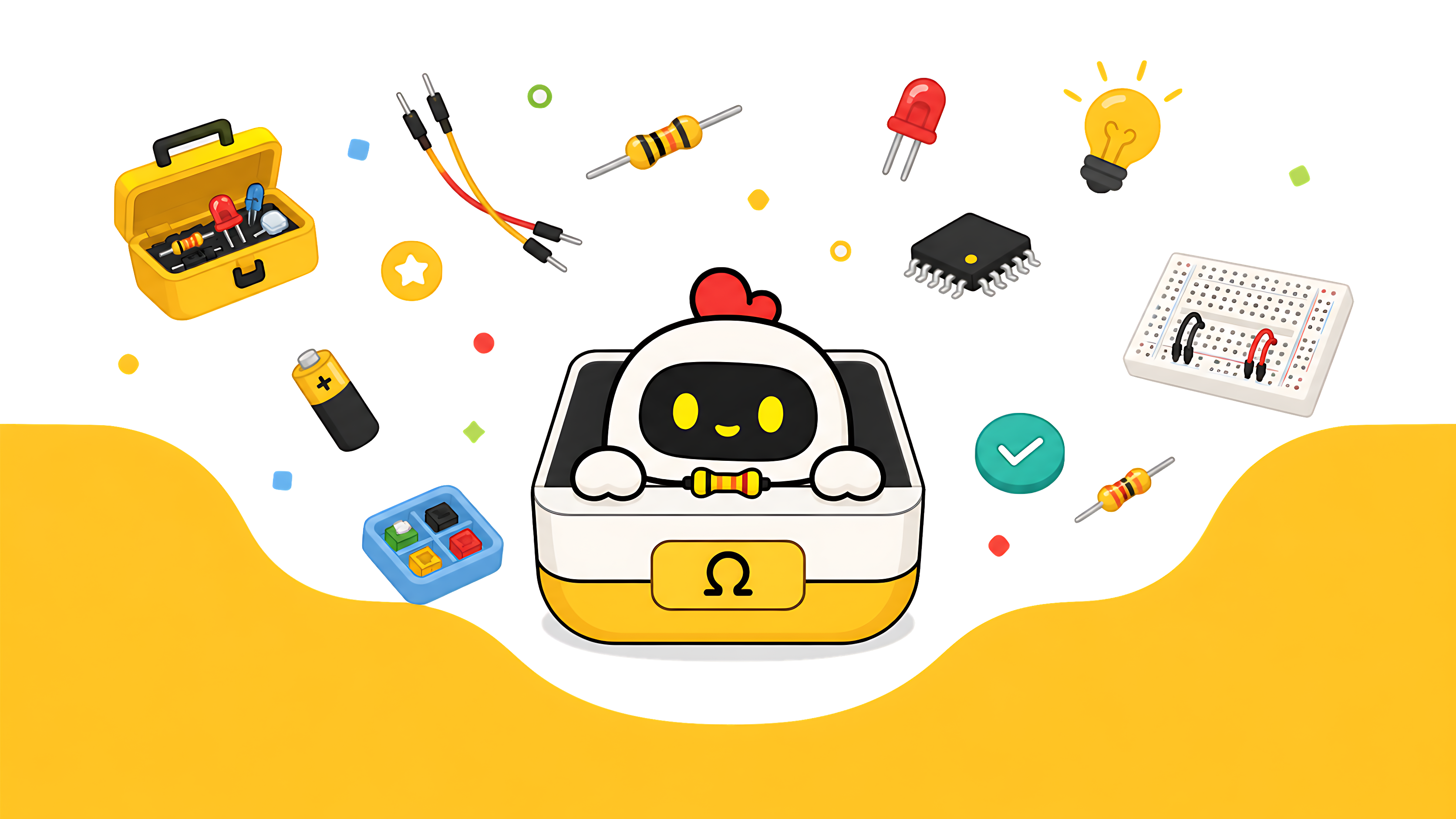 The Ohmlet mascot with an electronics toolkit