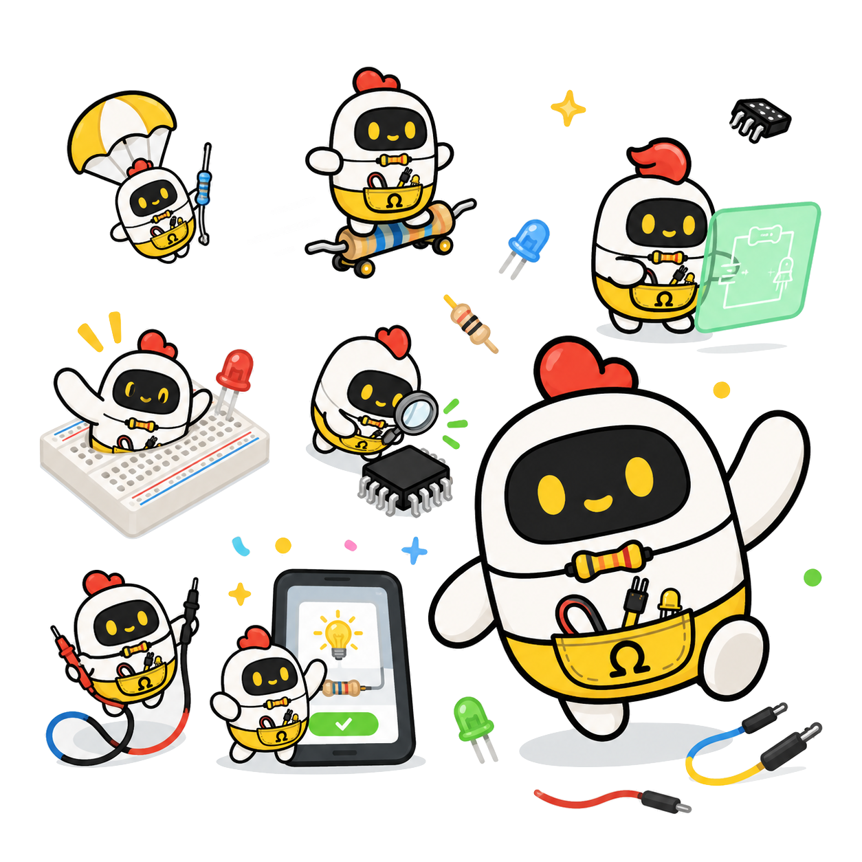 The Ohmlet robot mascot surrounded by electronics components